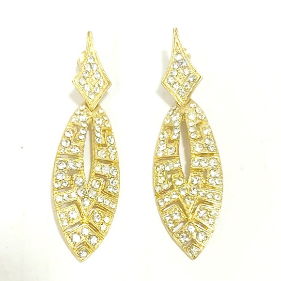 art deco Jewelry - Rhinestone Crystal Gold Tone Earrings  Art Deco